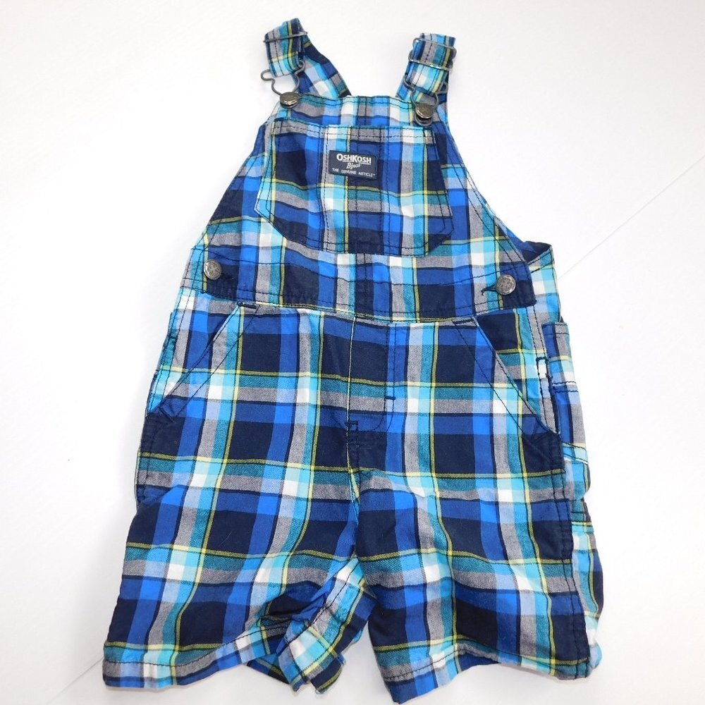 Oshkosh B'gosh Baby Boys 18 months Blue Yellow Plaid Short Overalls 18M